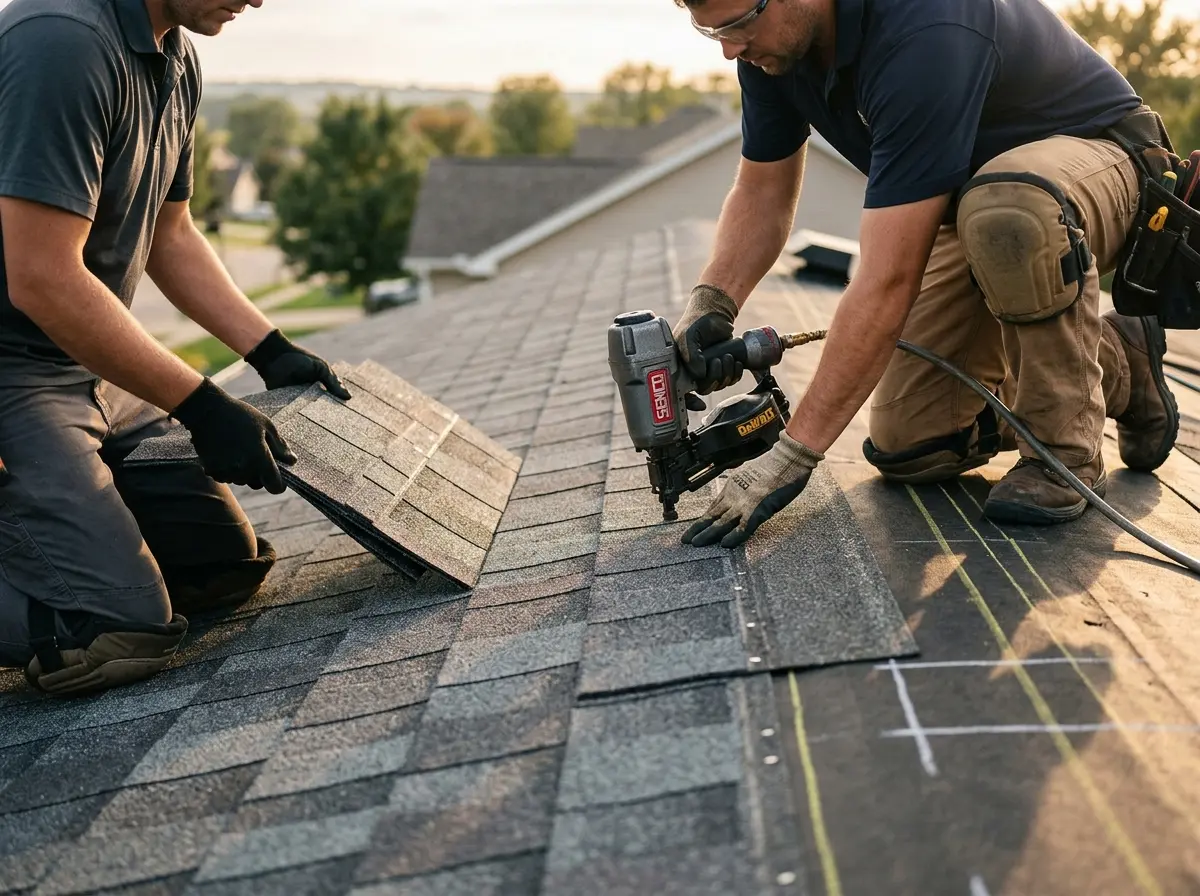 Professional roofer working on a residential roof in Harrah